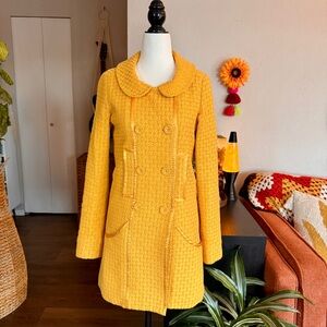 Mustard Yellow Double-Breasted Retro Pea Coat with Peter Pan Collar